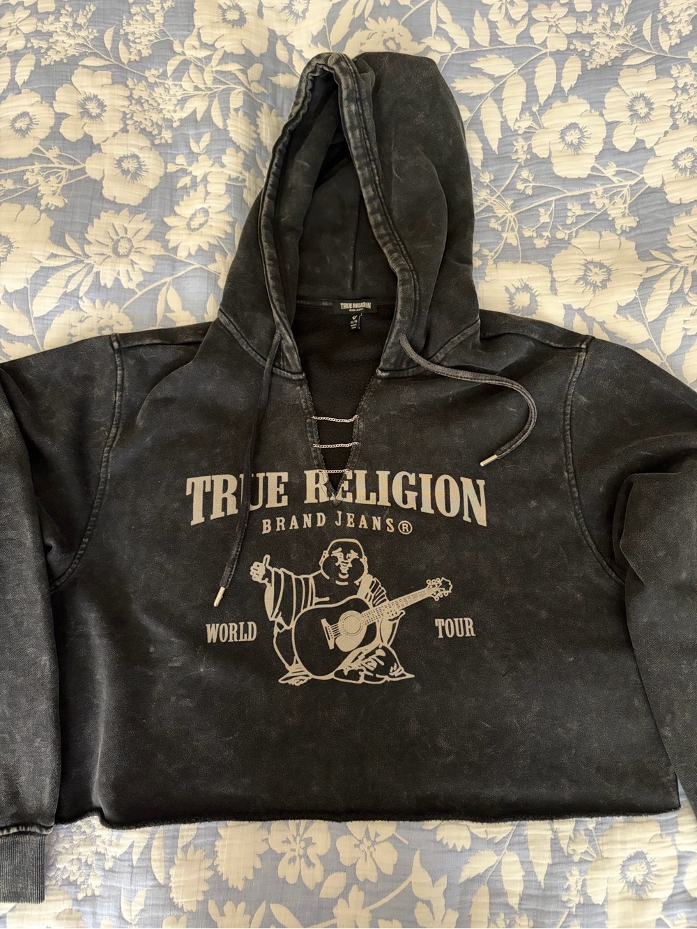 True Religion Washed Black Hooded Pullover with Chain Detail